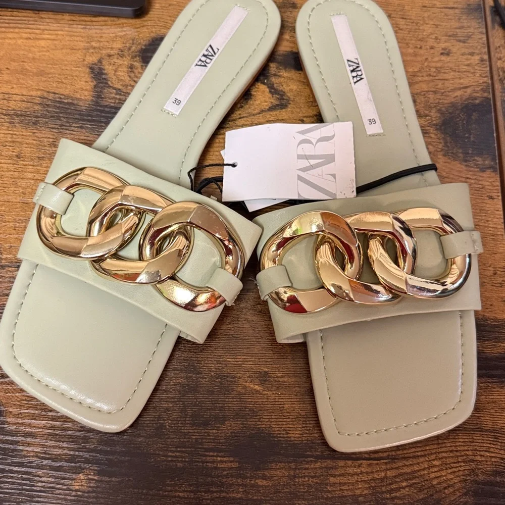 Zara Mint Green Sandals with Gold Chain Accent - Picture 6 of 10